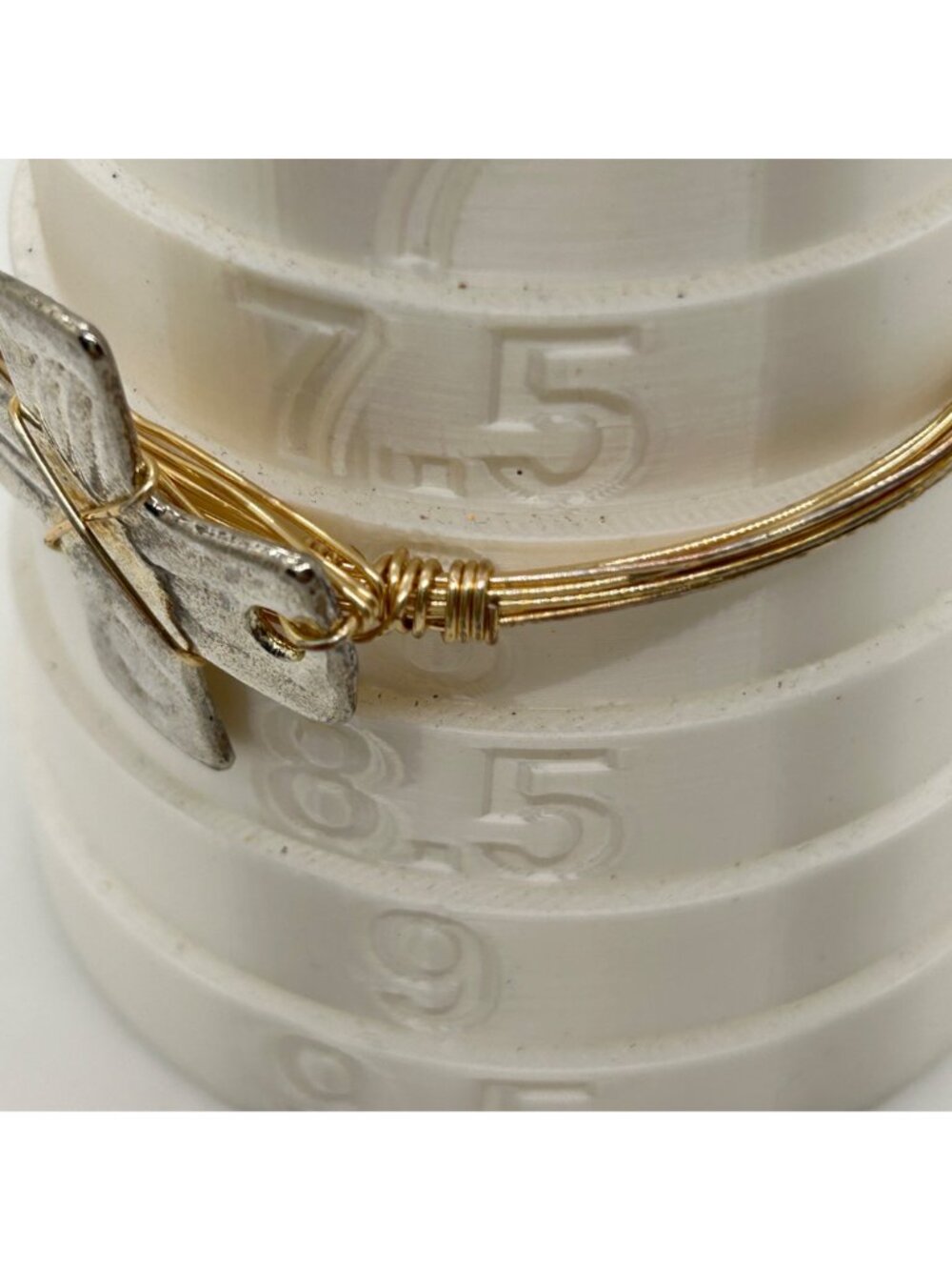 Mixed Metal Bracelet Gold Tone Wire Wrapped Silver Tone Cross Bangle Religious - Picture 12 of 12